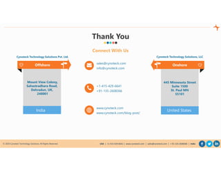 © 2020 Cynoteck Technology Solutions. All Rights Reserved. USA | +1-415-429-6641 | www.cynoteck.com | sales@cynoteck.com | + 91-135-2608366 | India
sales@cynoteck.com
info@cynoteck.com
+1-415-429-6641
+91-135-2608366
www.cynoteck.com
www.cynoteck.com/blog-post/
India United States
Offshore
Mount View Colony,
Sahastradhara Road,
Dehradun, UK,
248001
445 Minnesota Street
Suite 1500
St. Paul MN
55101
Onshore
Thank You
Connect With Us
Cynoteck Technology Solutions Pvt. Ltd. Cynoteck Technology Solutions, LLC
 