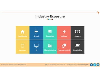 © 2020 Cynoteck Technology Solutions. All Rights Reserved. USA | +1-415-429-6641 | www.cynoteck.com | sales@cynoteck.com | + 91-135-2608366 | India
Travel Education Utilities Finance
Services
Real Estate
Industry Exposure
IT Manufacturing Pharmaceutical Hospitality
 