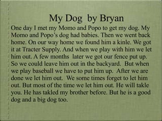 My Dog  by Bryan One day I met my Momo and Popo to get my dog. My Momo and Popo’s dog had babies. Then we went back home. On our way home we found him a kinle. We got it at Tracter Supply. And when we play with him we let him out. A few months  later we got our fence put up.  So we could leave him out in the backyard.  But when we play baseball we have to put him up.  After we are done we let him out.  We some times forget to let him out. But most of the time we let him out. He will takle you. He has takled my brother before. But he is a good dog and a big dog too. 