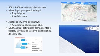 • 500 – 1.000 m. sobre el nivel del mar.
• Mejor lugar para practicar esquí
• Esquí alpino
• Esquí de fondo
• Juegos de invierno de Akureyri
• Se celebra entre marzo y abril.
• Muchas otras actividades como eventos y
fiestas, carreras en la nieve, exhibiciones
de snow, etc.
 
