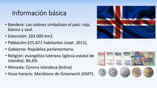 Información básica
• Bandera: Los colores simbolizan el país: rojo,
blanco y azul.
• Extensión: 103.000 km2.
• Población:325.671 habitantes (sept. 2015).
• Gobierno: República parlamentaria.
• Religión: evangélica luterana (Iglesia estatal de
Islandia): 86,6%.
• Moneda: Corona islandesa (króna)
• Huso horario: Meridiano de Greenwich (GMT).
 