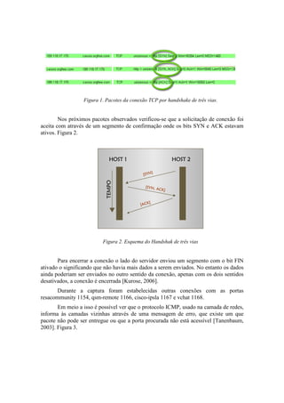 Figura 1. Pacotes da conexão TCP por handshake de três vias.


        Nos próximos pacotes observados verificou-se que a solicitação de conexão foi
aceita com através de um segmento de confirmação onde os bits SYN e ACK estavam
ativos. Figura 2.




                          Figura 2. Esquema do Handshak de três vias


       Para encerrar a conexão o lado do servidor enviou um segmento com o bit FIN
ativado o significando que não havia mais dados a serem enviados. No entanto os dados
ainda poderiam ser enviados no outro sentido da conexão, apenas com os dois sentidos
desativados, a conexão é encerrada [Kurose, 2006].
       Durante a captura foram estabelecidas outras conexões com as portas
resacommunity 1154, qsm-remote 1166, cisco-ipsla 1167 e vchat 1168.
       Em meio a isso é possível ver que o protocolo ICMP, usado na camada de redes,
informa às camadas vizinhas através de uma mensagem de erro, que existe um que
pacote não pode ser entregue ou que a porta procurada não está acessível [Tanenbaum,
2003]. Figura 3.
 