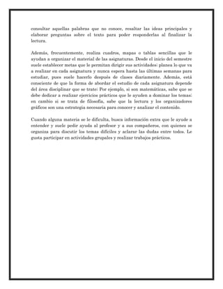 consultar aquellas palabras que no conoce, resaltar las ideas principales y
elaborar preguntas sobre el texto para poder responderlas al finalizar la
lectura.
Además, frecuentemente, realiza cuadros, mapas o tablas sencillas que le
ayudan a organizar el material de las asignaturas. Desde el inicio del semestre
suele establecer metas que le permitan dirigir sus actividades; planea lo que va
a realizar en cada asignatura y nunca espera hasta las últimas semanas para
estudiar, pues suele hacerlo después de clases diariamente. Además, está
consciente de que la forma de abordar el estudio de cada asignatura depende
del área disciplinar que se trate; Por ejemplo, si son matemáticas, sabe que se
debe dedicar a realizar ejercicios prácticos que le ayuden a dominar los temas;
en cambio si se trata de filosofía, sabe que la lectura y los organizadores
gráficos son una estrategia necesaria para conocer y analizar el contenido.
Cuando alguna materia se le dificulta, busca información extra que le ayude a
entender y suele pedir ayuda al profesor y a sus compañeros, con quienes se
organiza para discutir los temas difíciles y aclarar las dudas entre todos. Le
gusta participar en actividades grupales y realizar trabajos prácticos.
 