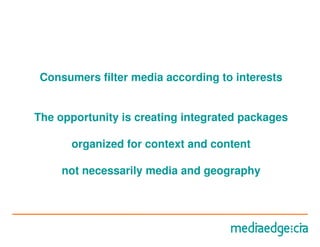 Consumers filter media according to interests


The opportunity is creating integrated packages

      organized for context and content

     not necessarily media and geography
 