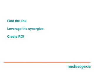 Find the link

Leverage the synergies

Create ROI
 