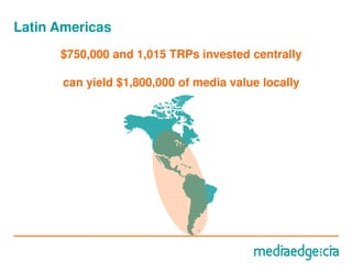 Latin Americas
      $750,000 and 1,015 TRPs invested centrally

       can yield $1,800,000 of media value locally
 