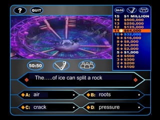 The…..of ice can split a rock


air                        roots

crack                      pressure
 