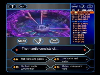 The mantle consists of…..

Hot rocks and gases         cool rocks and
                            water
Hot liquid and is           Molten, underground
2200km thick                rocks
 