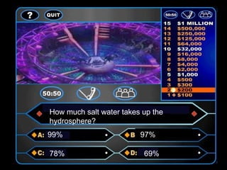 How much salt water takes up the
hydrosphere?
99%                      97%

78%                       69%
 