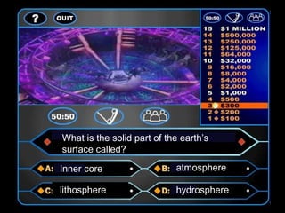 What is the solid part of the earth’s
surface called?

Inner core                  atmosphere

lithosphere                 hydrosphere
 