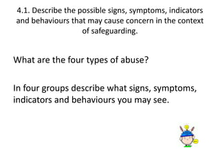 4.1. Describe the possible signs, symptoms, indicators 
and behaviours that may cause concern in the context 
of safeguarding. 
What are the four types of abuse? 
In four groups describe what signs, symptoms, 
indicators and behaviours you may see. 
 