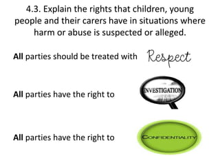 4.3. Explain the rights that children, young 
people and their carers have in situations where 
harm or abuse is suspected or alleged. 
All parties should be treated with 
All parties have the right to 
All parties have the right to 
 