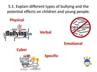 5.1. Explain different types of bullying and the 
potential effects on children and young people. 
Physical 
Verbal 
Emotional 
Cyber 
Specific 
 