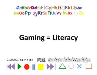 AaBbCcDdEeFfGgHhIiJjKkLlMm 
      NnOoPp QqRrSs TtUuVv WwXx YyZz




           Gaming = Literacy 

01000001  &4 // 3 I2 5

                                 X!
 