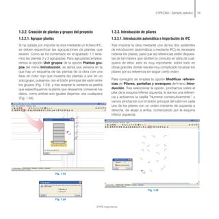 1.3.2. Creación de plantas y grupos del proyecto
1.3.2.1. Agrupar plantas
Si ha optado por importar la obra mediante un fichero IFC,
se deben especificar las agrupaciones de plantas que
existen. Como se ha comentado en el apartado 1.1 tene-
mos las plantas 2 y 3 agrupadas. Para agruparlas emplea-
remos la opción Unir grupos de la opción Plantas gru-
pos del menú Introducción, se abrirá una ventana en la
que hay un esquema de las plantas de la obra con una
llave en color rojo que muestra las plantas a unir en un
solo grupo, pulsamos con el botón principal del ratón entre
los grupos (Fig. 1.33), y tras aceptar la ventana se pedirá
que especifiquemos la planta que deseamos conservar los
datos, como ambas son iguales dejamos una cualquiera
(Fig. 1.34).
Fig. 1.33
Fig. 1.34
CYPECAD - Ejemplo práctico 19
1.3.3. Introducción de pilares
1.3.3.1. Introducción automática o Importación de IFC
Tras importar la obra mediante uno de los dos asistentes
de introducción (automática o mediante IFC) es necesario
ordenar los pilares, para que las referencias estén dispues-
tas de tal manera que faciliten la consulta en obra de cual-
quiera de ellos; esto es muy importante, sobre todo en
obras grandes donde resulta muy complicado localizar los
pilares por su referencia sin seguir cierto orden.
Para corregirlo se emplea la opción Modificar referen-
cias de Pilares, pantallas y arranques del menú Intro-
ducción. Tras seleccionar la opción, pinchamos sobre el
pilar de la esquina inferior izquierda, le damos una referen-
cia y activamos la casilla “Numerar consecutivamente”, y
vamos pinchando con el botón principal del ratón en cada
uno de los pilares con un orden creciente de izquierda a
derecha, de abajo a arriba, comenzando por la esquina
inferior izquierda.
Fig. 1.35
CYPE Ingenieros
 