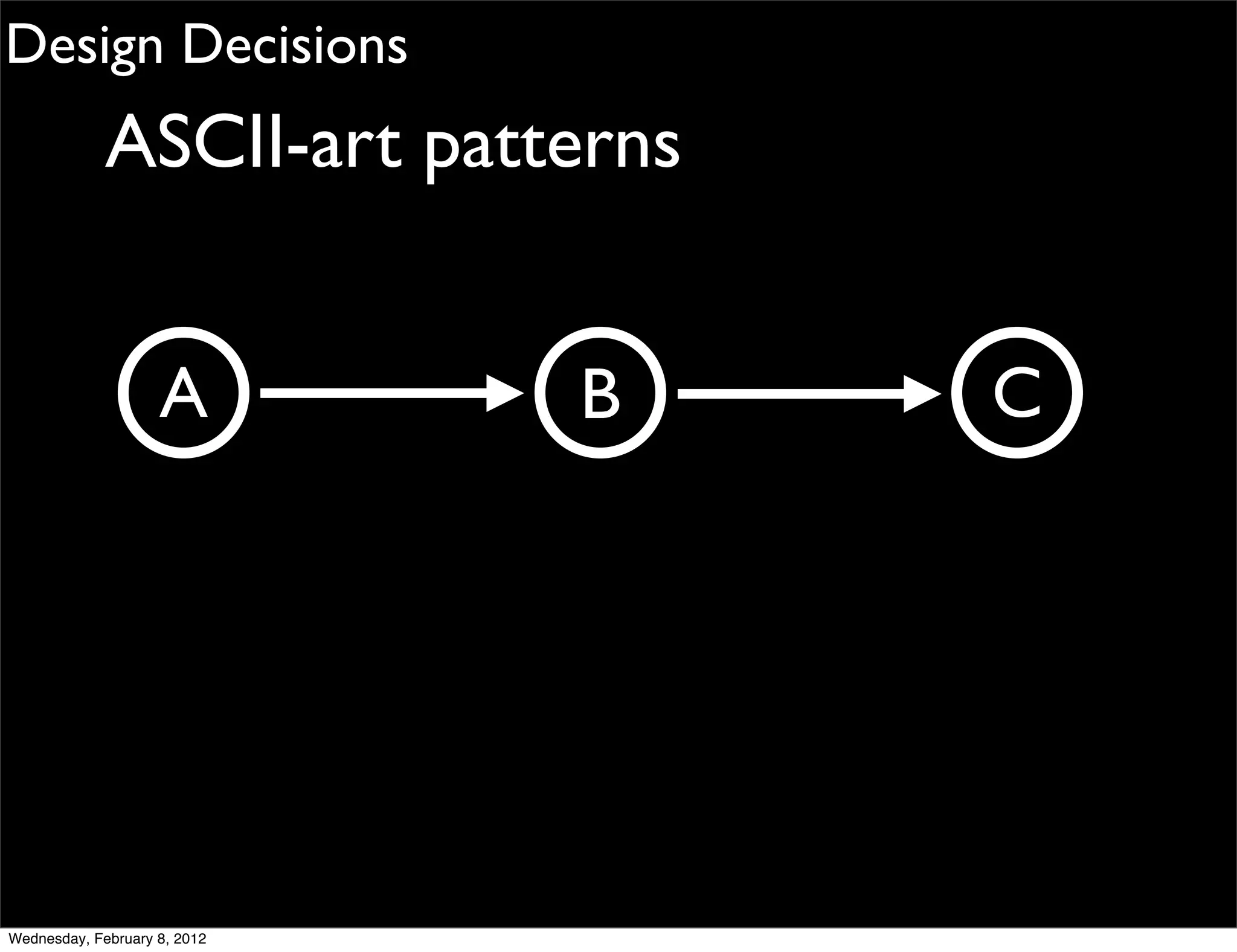 Design Decisions
             ASCII-art patterns


                    A         B   C




Wednesday, February 8, 2012
 
