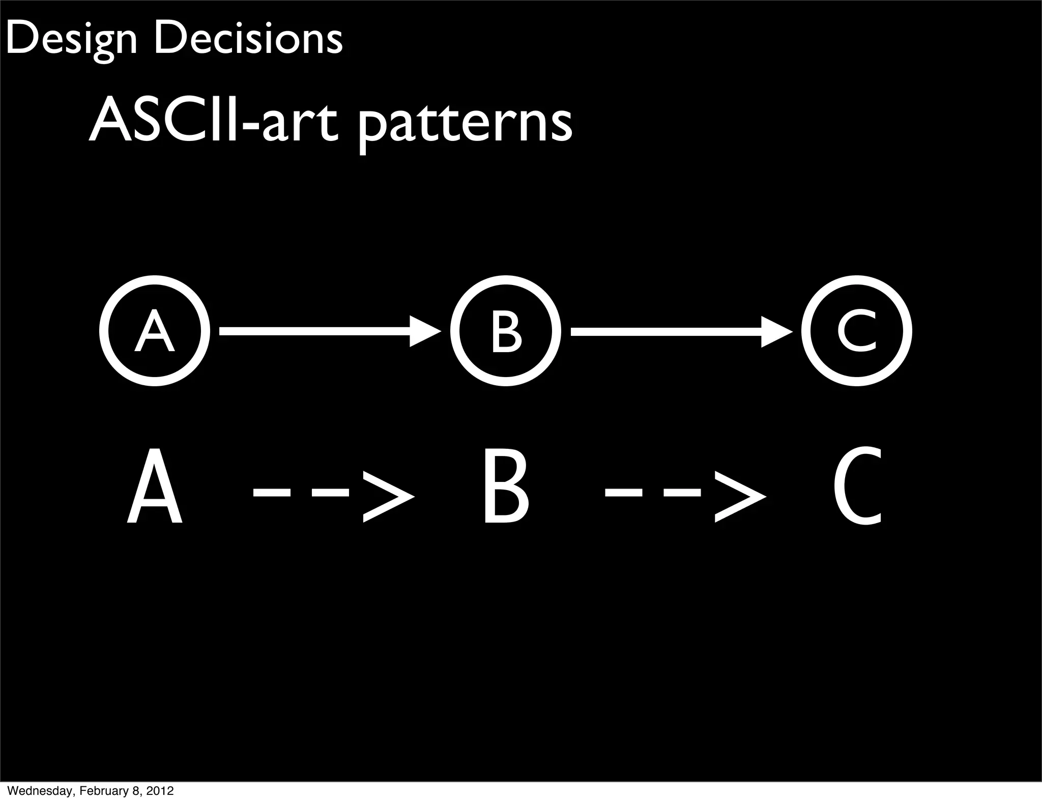 Design Decisions
             ASCII-art patterns


                    A         B   C

                   A --> B --> C

Wednesday, February 8, 2012
 