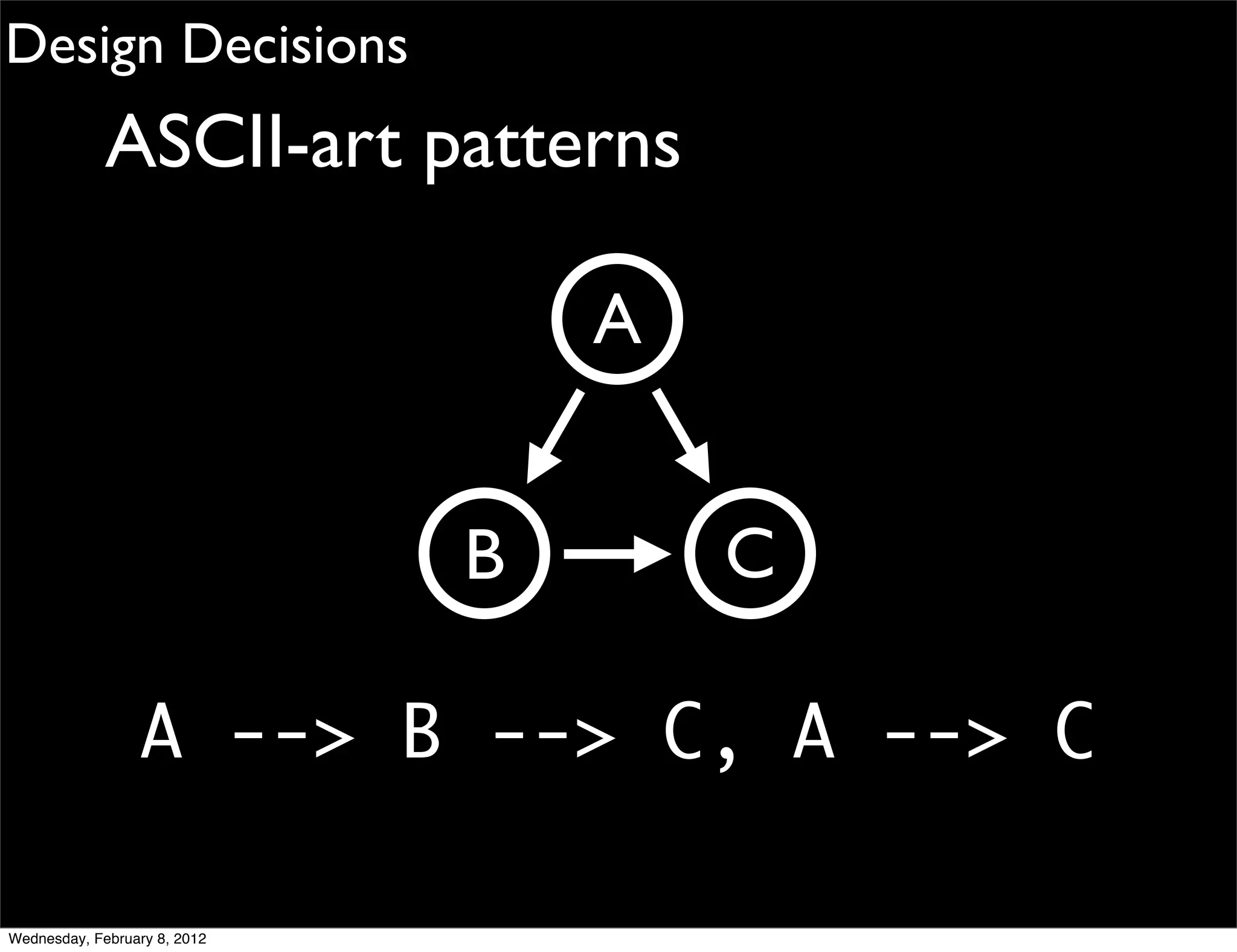 Design Decisions
             ASCII-art patterns

                                  A


                              B       C

                 A --> B --> C, A --> C

Wednesday, February 8, 2012
 