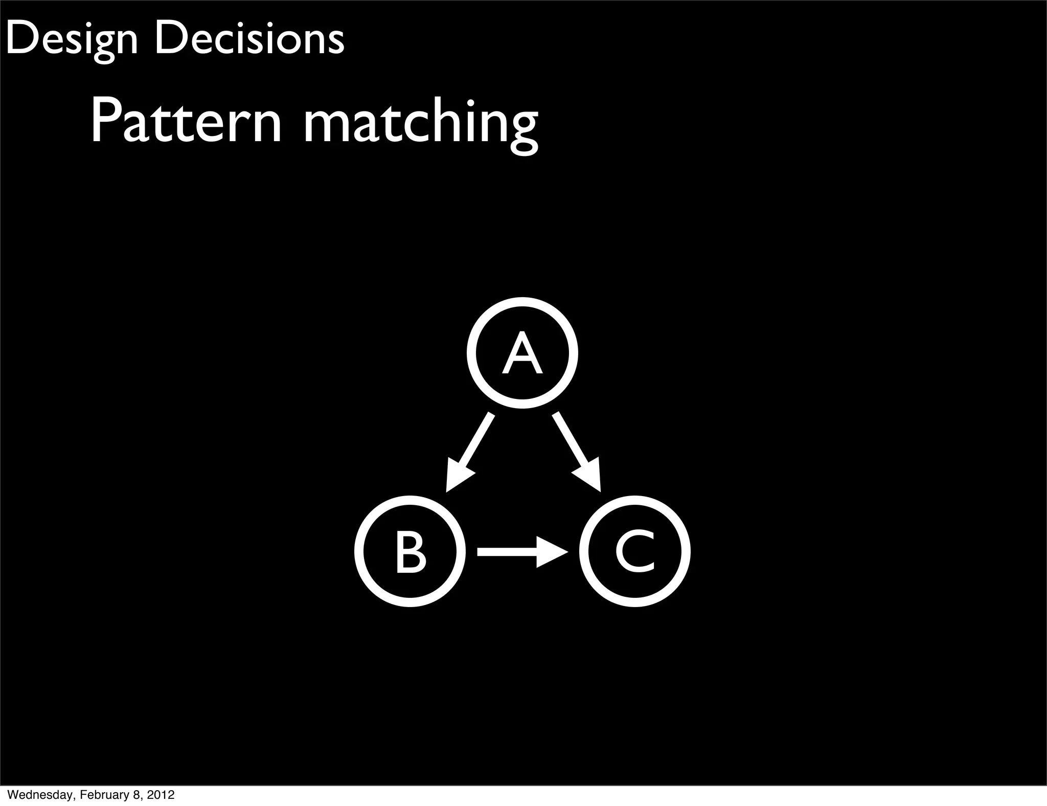 Design Decisions
             Pattern matching


                                  A


                              B       C


Wednesday, February 8, 2012
 