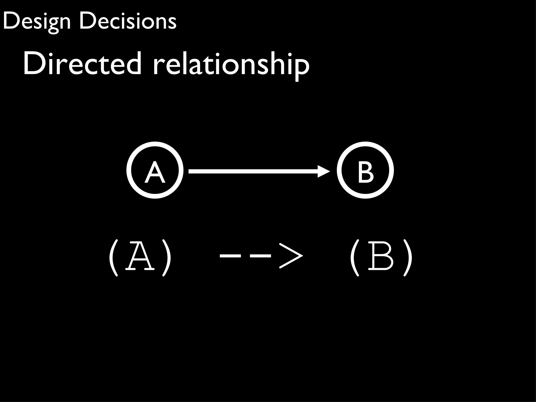Design Decisions
 Directed relationship


             A           B

        (A) --> (B)
 