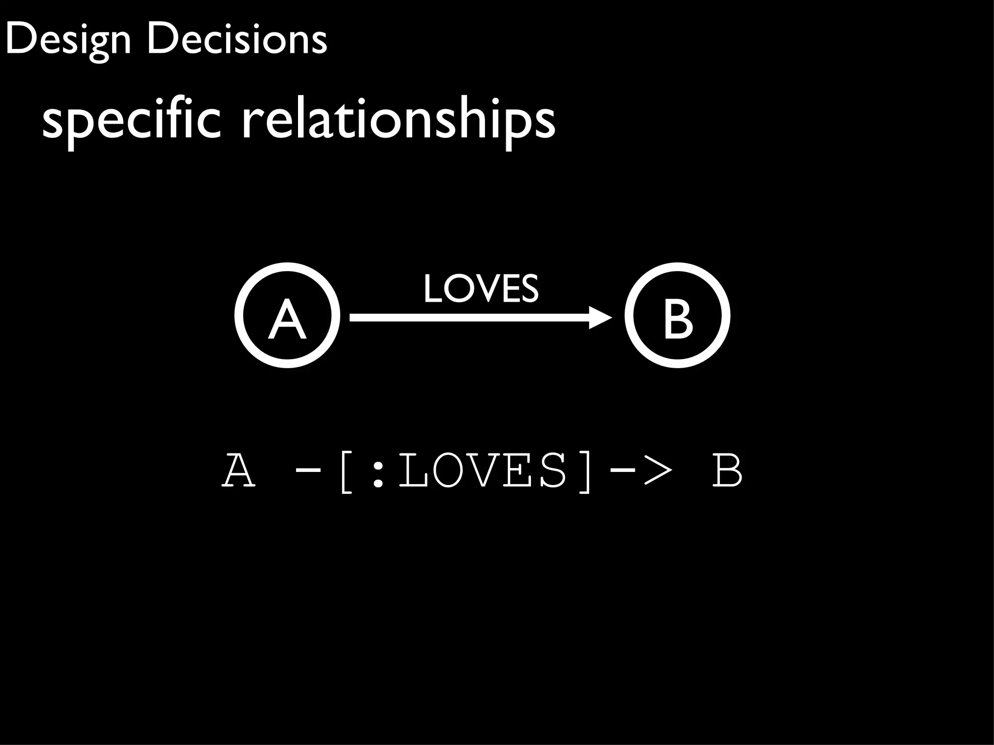 Design Decisions
 specific relationships

                   LOVES
             A             B

          A -[:LOVES]-> B
 