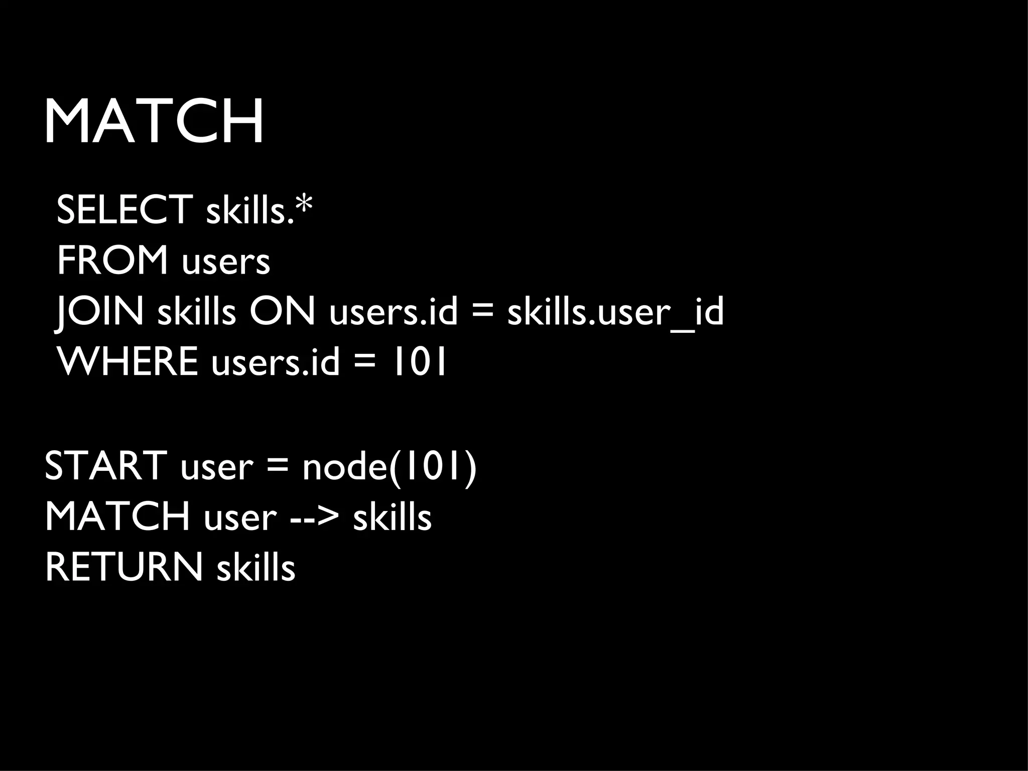 MATCH
SELECT skills.*
FROM users
JOIN skills ON users.id = skills.user_id
WHERE users.id = 101

START user = node(101)
MATCH user --> skills
RETURN skills
 