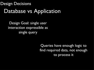 Design Decisions
 Database vs Application
     Design Goal: single user
    interaction expressible as
           single query


                         Queries have enough logic to
                        find required data, not enough
                                 to process it
 