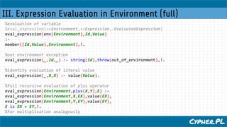 III. Expression Evaluation in Environment (full)
Cypher.PL
%evaluation of variable
%eval_expression(++Environment,++Expres...