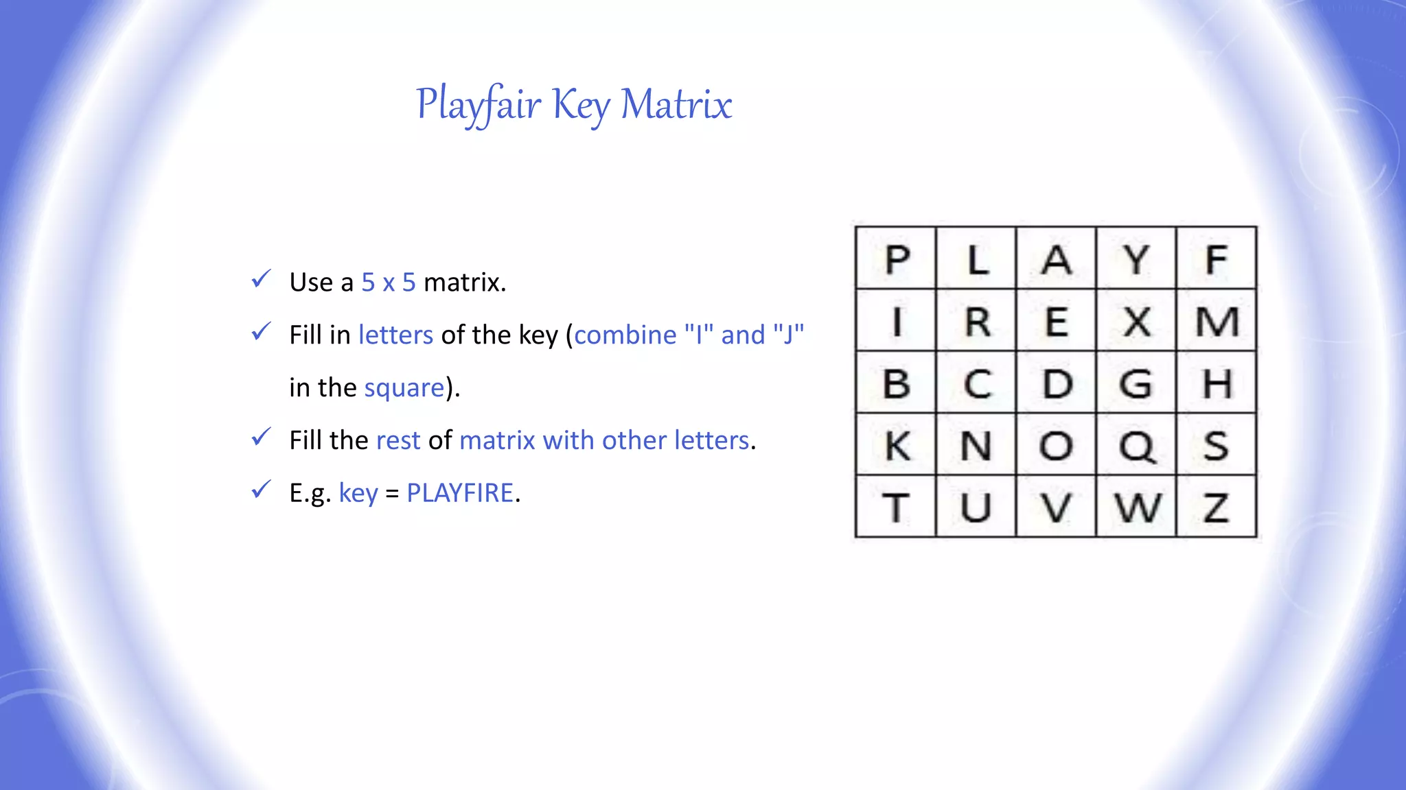 Playfair Key Matrix
 Use a 5 x 5 matrix.
 Fill in letters of the key (combine "I" and "J"
in the square).
 Fill the rest of matrix with other letters.
 E.g. key = PLAYFIRE.
 
