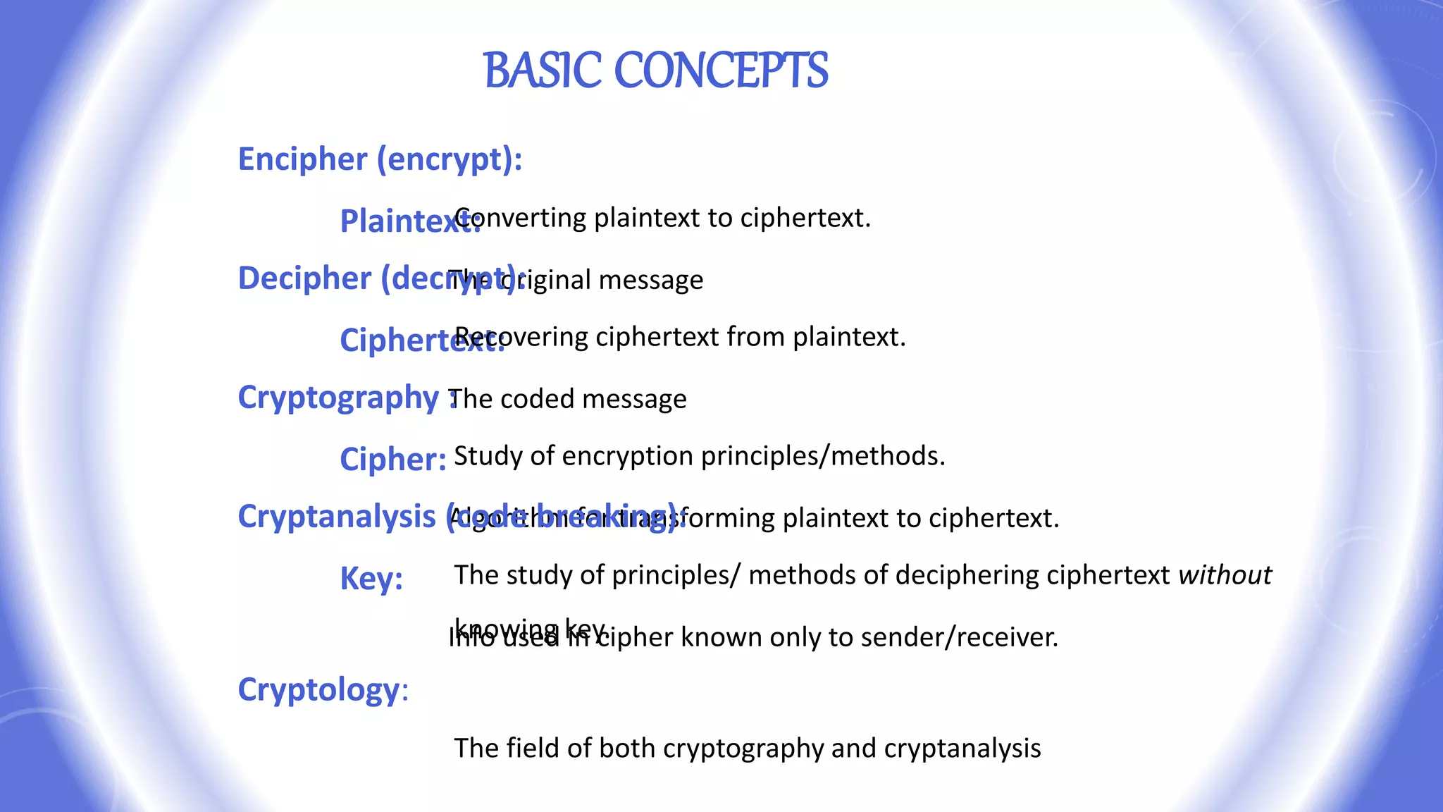 Plaintext:
The original message
Ciphertext:
The coded message
Cipher:
Algorithm for transforming plaintext to ciphertext.
Key:
Info used in cipher known only to sender/receiver.
BASIC CONCEPTS
Encipher (encrypt):
Converting plaintext to ciphertext.
Decipher (decrypt):
Recovering ciphertext from plaintext.
Cryptography :
Study of encryption principles/methods.
Cryptanalysis (code breaking):
The study of principles/ methods of deciphering ciphertext without
knowing key.
Cryptology:
The field of both cryptography and cryptanalysis
 