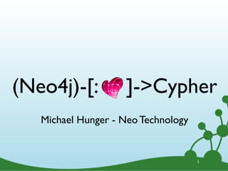 (Neo4j)-[:          ]->Cypher
   Michael Hunger - Neo Technology


                                     1
 
