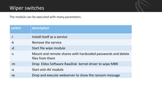 Wiper switches
The module can be executed with many parameters:
switch description
-i Install itself as a service
-k Remove the service
-d Start file wipe module
-s Mount and remote shares with hardcoded passwords and delete
files from them
-m Drop Eldos Software RawDisk kernel driver to wipe MBR
-a Start anti-AV module
-w Drop and execute webserver to show the ransom message
 