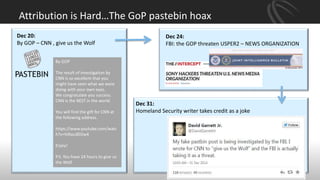 By GOP
The result of investigation by
CNN is so excellent that you
might have seen what we were
doing with your own eyes.
We congratulate you success.
CNN is the BEST in the world.
You will find the gift for CNN at
the following address.
https://www.youtube.com/watc
h?v=hiRacdl02w4
Enjoy!
P.S. You have 24 hours to give us
the Wolf.
Dec 24:
FBI: the GOP threaten USPER2 – NEWS ORGANIZATION
Dec 20:
By GOP – CNN , give us the Wolf
Attribution is Hard…The GoP pastebin hoax
Dec 31:
Homeland Security writer takes credit as a joke
 