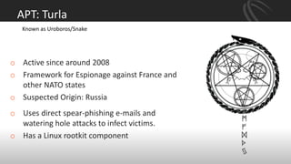 APT: Turla
Known as Uroboros/Snake
o Active since around 2008
o Framework for Espionage against France and
other NATO states
o Suspected Origin: Russia
o Uses direct spear-phishing e-mails and
watering hole attacks to infect victims.
o Has a Linux rootkit component
 