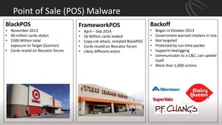 Point of Sale (POS) Malware
BlackPOS
• November 2013
• 40 million cards stolen
• $500 Million total
exposure to Target (Gartner)
• Cards resold on Rescator forum
Backoff
• Began in October 2013
• Government warned retailers in July
• Not targeted
• Protected by run-time packer
• Supports keylogging
• communicates to a C&C, can update
itself
• More than 1,000 victims
FrameworkPOS
• April – Sep 2014
• 56 Million cards leaked
• Copy-cat attack, imitated BlackPOS
• Cards resold on Rescator forum
• Likely different actors
 