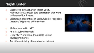 o Discovered by Cyphort in March 2014,
NightHunter is a major data exfiltration that went
undetected for 5 years.
o Steals login credentials of users, Google, Facebook,
Dropbox, Skype and other services
o Malware coded in .NET
o At least 1,800 infections
o Using SMTP and more than 3,000 unique
keylogger binaries
o Ten different string obfuscation techniques
NightHunter
 