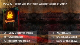 POLL #2 – What was the “most wanted” attack of 2014?
o A – Sony Destover Trojan
o B – Cryptolocker
o C – Backoff POS Trojan
o D – NightHunter
o E – Shellshock exploit
o F – None of the above
 