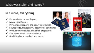 What was stolen and leaked?
In a word, everything!
 Personal data on employees
 Movies and Scripts
 Performance reports and salary information
 Source code, Private keys, passwords, certificates
 Production schedules, Box office projections
 Executives email correspondence
 Brad Pitt phone number! and more..
 