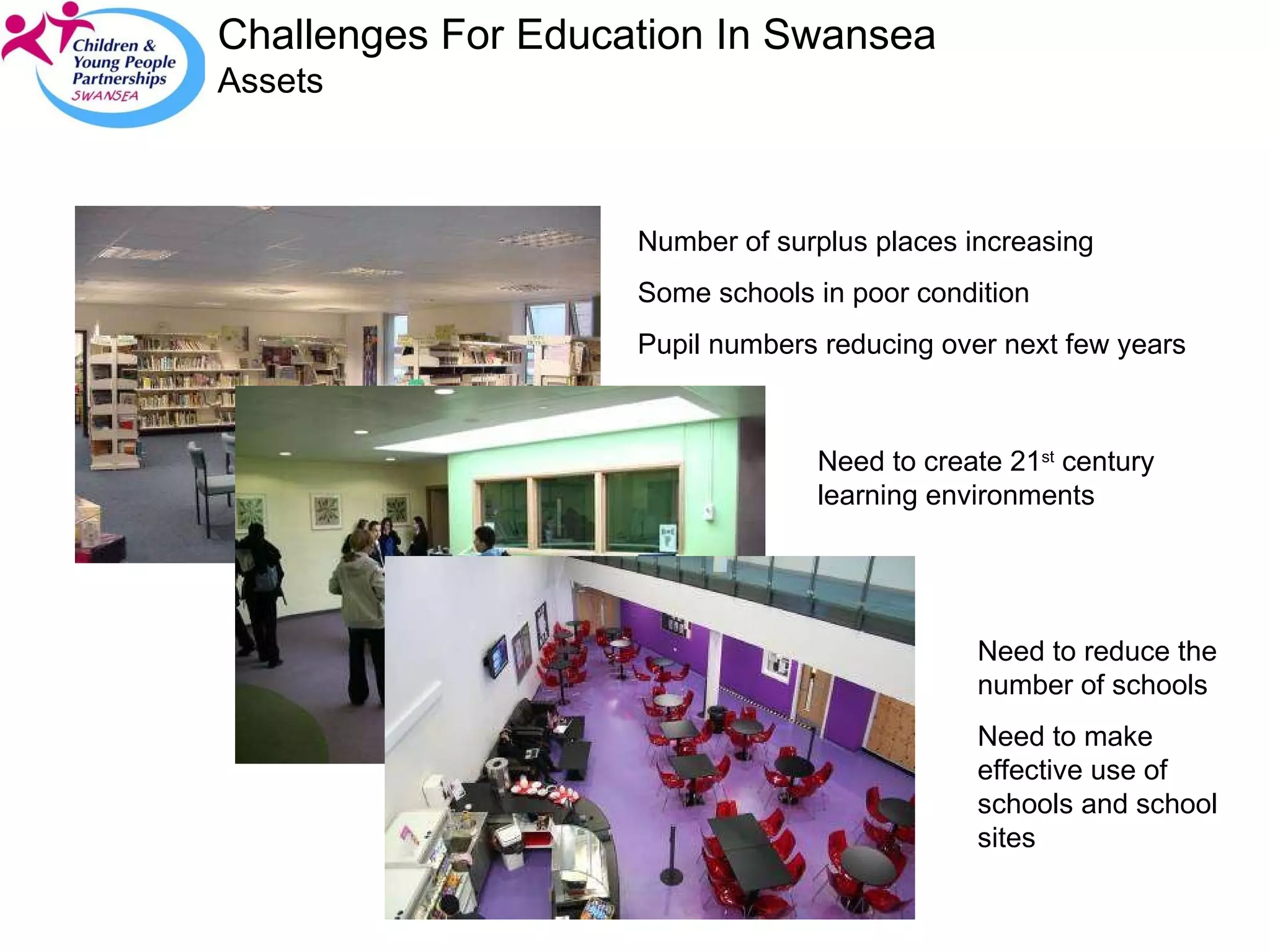 Challenges For Education In Swansea Assets Number of surplus places increasing Some schools in poor condition Pupil numbers reducing over next few years Need to create 21 st  century learning environments Need to reduce the number of schools Need to make effective use of schools and school sites 