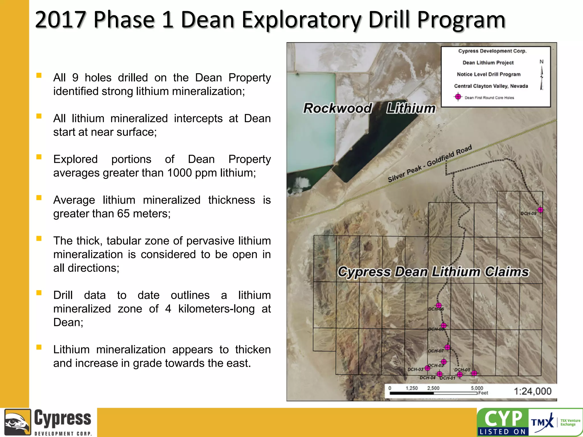 2017 Phase 1 Dean Exploratory Drill Program
 All 9 holes drilled on the Dean Property
identified strong lithium mineralization;
 All lithium mineralized intercepts at Dean
start at near surface;
 Explored portions of Dean Property
averages greater than 1000 ppm lithium;
 Average lithium mineralized thickness is
greater than 65 meters;
 The thick, tabular zone of pervasive lithium
mineralization is considered to be open in
all directions;
 Drill data to date outlines a lithium
mineralized zone of 4 kilometers-long at
Dean;
 Lithium mineralization appears to thicken
and increase in grade towards the east.
 