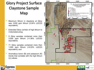 Glory Project Surface
Claystone Sample
Map
 Maximum lithium in claystone at Glory
was 3,830 ppm lithium (2.04% Li2CO3
equivalent);
 Extended Glory corridor of high lithium to
3 kilometers-long;
 9 Glory samples contained more than
2,000 ppm lithium (>1.06% Li2CO3
equivalent);
 71 Glory samples contained more than
1,000 ppm lithium (>0.53% Li2CO3
equivalent); and
 Anomalous boron (B) and potassium (K)
trends that correlate with the high lithium
(Li) values.
 