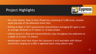 Project Highlights
• Two claim blocks, Dean & Glory Properties consisting of 4,200 acres, located
south and east of the Al...
