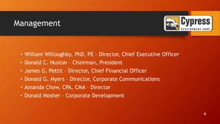 Management
• William Willoughby, PhD, PE – Director, Chief Executive Officer
• Donald C. Huston – Chairman, President
• James G. Pettit – Director, Chief Financial Officer
• Donald G. Myers – Director, Corporate Communications
• Amanda Chow, CPA, CMA – Director
• Donald Mosher – Corporate Development
4
 