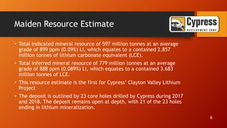 Maiden Resource Estimate
6
• Total indicated mineral resource of 597 million tonnes at an average
grade of 899 ppm (0.09%) Li, which equates to a contained 2.857
million tonnes of lithium carbonate equivalent (LCE).
• Total inferred mineral resource of 779 million tonnes at an average
grade of 888 ppm (0.089%) Li, which equates to a contained 3.683
million tonnes of LCE.
• This resource estimate is the first for Cypress’ Clayton Valley Lithium
Project
• The deposit is outlined by 23 core holes drilled by Cypress during 2017
and 2018. The deposit remains open at depth, with 21 of the 23 holes
ending in lithium mineralization.
 