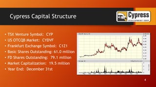 Cypress Capital Structure
• TSX Venture Symbol: CYP
• US OTCQB Market: CYDVF
• Frankfurt Exchange Symbol: C1Z1
• Basic Shares Outstanding: 61.0 million
• FD Shares Outstanding: 79.1 million
• Market Capitalization: 19.5 million
• Year End: December 31st
4
 