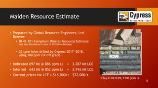 Maiden Resource Estimate
5
• Prepared by Global Resource Engineers, Ltd
Denver:
• NI 43-101 Compliant Mineral Resource Estimate
(see also disclosures in June 11 2018 Press Release)
• 23 core holes drilled by Cypress 2017 -2018,
using 300 ppm cut-off grade
• Indicated 697 Mt @ 886 ppm Li = 3.287 Mt LCE
• Inferred 643 Mt @ 852 ppm Li = 2.916 Mt LCE
• Current prices for LCE = $16,000/t - $22,000/t
Clay in DCH-09, 1100 ppm Li
 