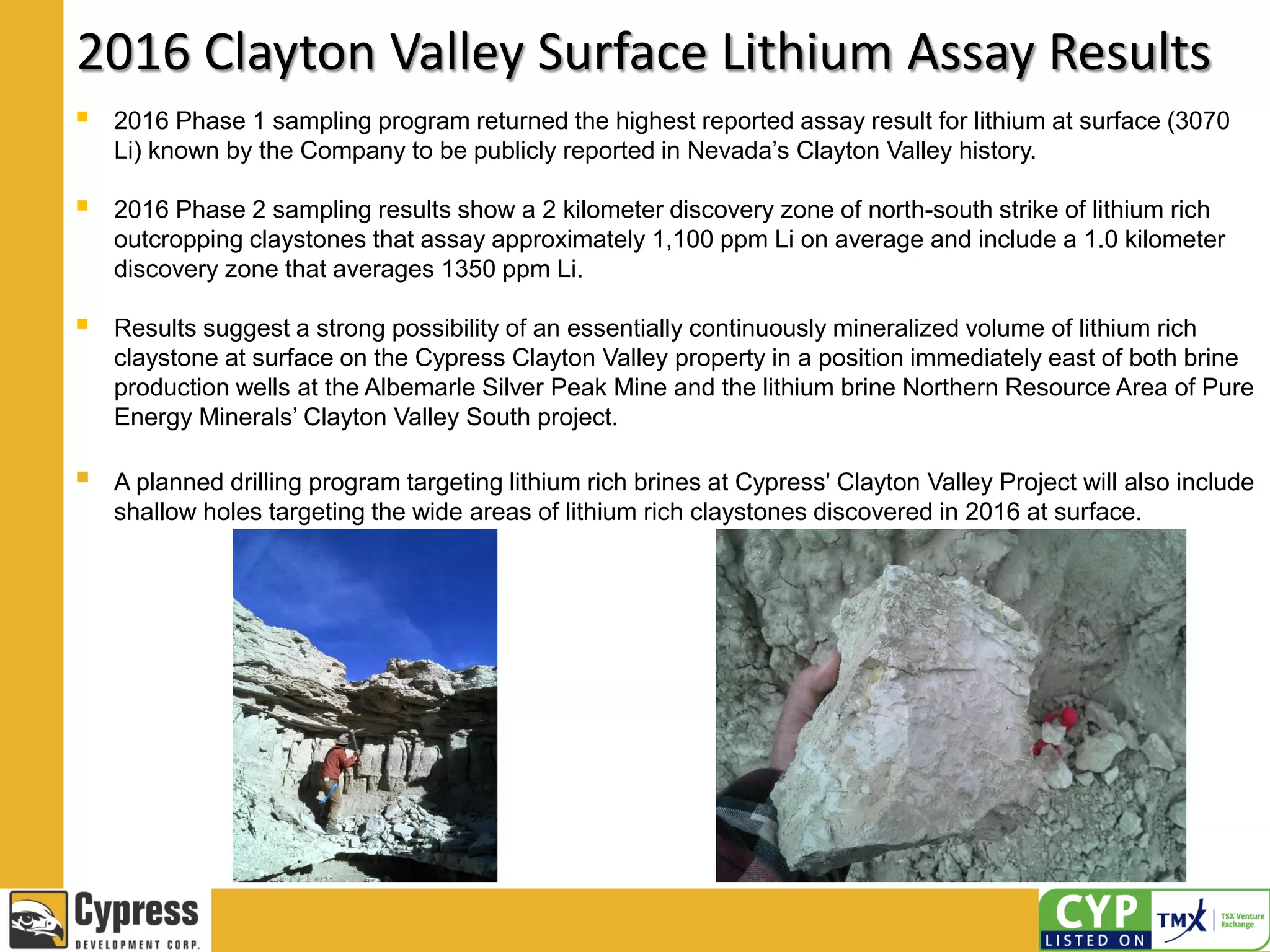 2016 Clayton Valley Surface Lithium Assay Results
 2016 Phase 1 sampling program returned the highest reported assay result for lithium at surface (3070
Li) known by the Company to be publicly reported in Nevada’s Clayton Valley history.
 2016 Phase 2 sampling results show a 2 kilometer discovery zone of north-south strike of lithium rich
outcropping claystones that assay approximately 1,100 ppm Li on average and include a 1.0 kilometer
discovery zone that averages 1350 ppm Li.
 Results suggest a strong possibility of an essentially continuously mineralized volume of lithium rich
claystone at surface on the Cypress Clayton Valley property in a position immediately east of both brine
production wells at the Albemarle Silver Peak Mine and the lithium brine Northern Resource Area of Pure
Energy Minerals’ Clayton Valley South project.
 A planned drilling program targeting lithium rich brines at Cypress' Clayton Valley Project will also include
shallow holes targeting the wide areas of lithium rich claystones discovered in 2016 at surface.
 