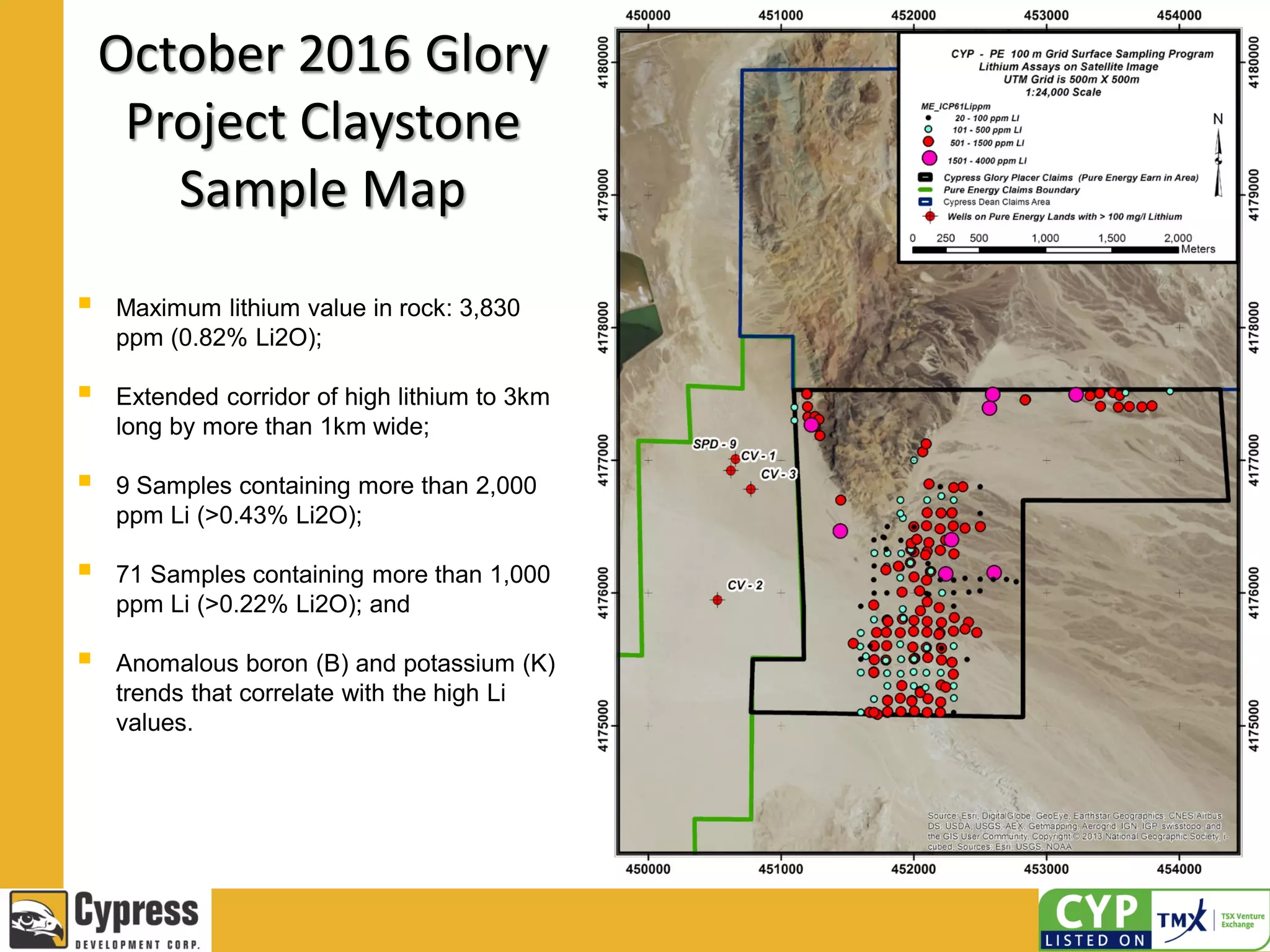 October 2016 Glory
Project Claystone
Sample Map
 Maximum lithium value in rock: 3,830
ppm (0.82% Li2O);
 Extended corridor of high lithium to 3km
long by more than 1km wide;
 9 Samples containing more than 2,000
ppm Li (>0.43% Li2O);
 71 Samples containing more than 1,000
ppm Li (>0.22% Li2O); and
 Anomalous boron (B) and potassium (K)
trends that correlate with the high Li
values.
 