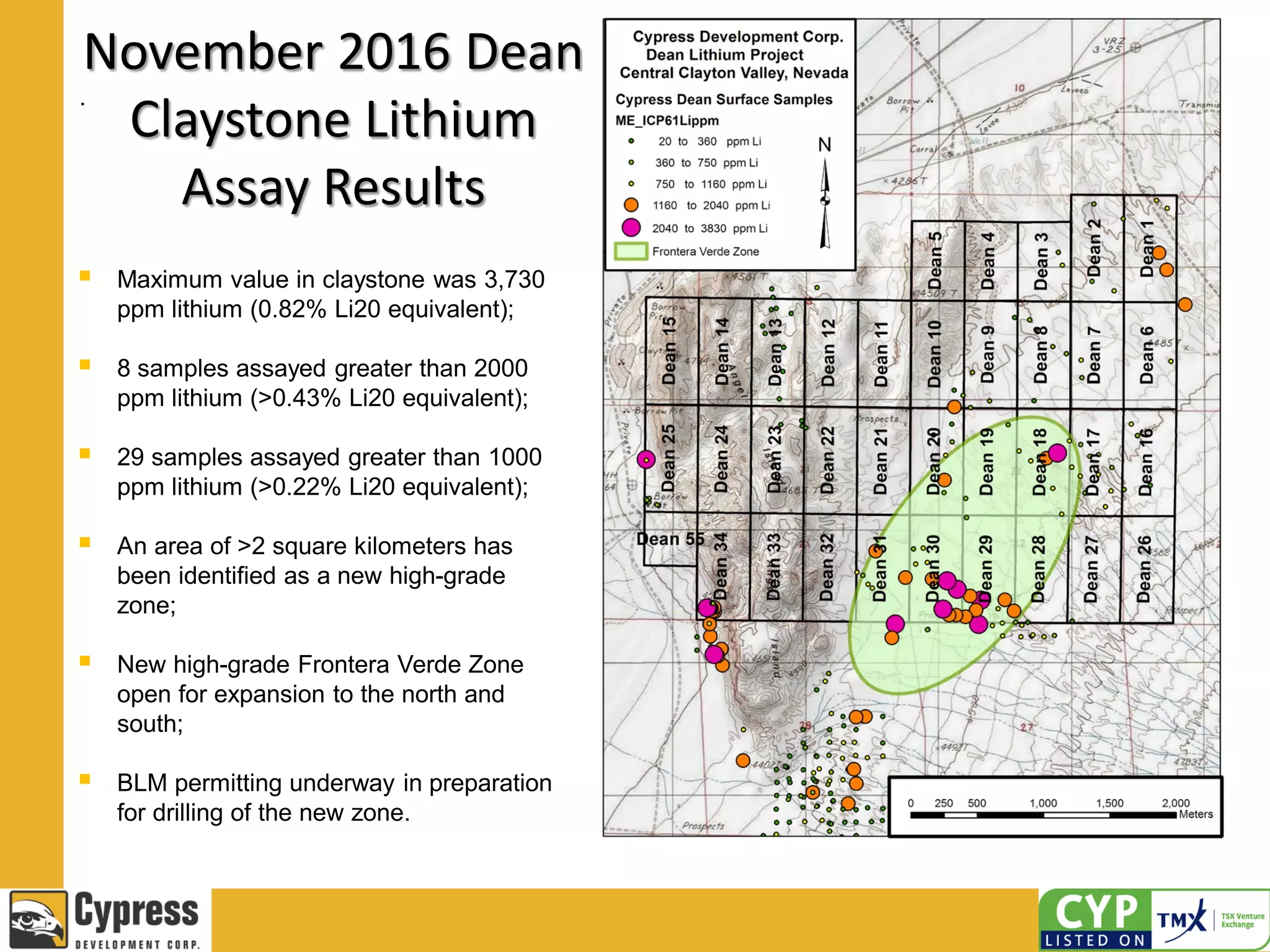 November 2016 Dean
Claystone Lithium
Assay Results
.
 Maximum value in claystone was 3,730
ppm lithium (0.82% Li20 equivalent);
 8 samples assayed greater than 2000
ppm lithium (>0.43% Li20 equivalent);
 29 samples assayed greater than 1000
ppm lithium (>0.22% Li20 equivalent);
 An area of >2 square kilometers has
been identified as a new high-grade
zone;
 New high-grade Frontera Verde Zone
open for expansion to the north and
south;
 BLM permitting underway in preparation
for drilling of the new zone.
 