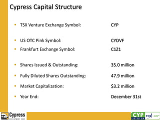 Cypress Capital Structure
 TSX Venture Exchange Symbol: CYP
 US OTC Pink Symbol:
 Frankfurt Exchange Symbol:
CYDVF
C1Z1
 Shares Issued & Outstanding: 35.0 million
 Fully Diluted Shares Outstanding: 47.9 million
 Market Capitalization: $3.2 million
 Year End: December 31st
 